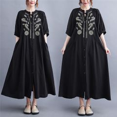 半袖ワンピース 即購入OK レディース ワンピース シャツワンピース ロングワンピース ドレス ロングシャツ 薄コート ロング ミモレ丈 五分袖 Vネック 刺繍 花柄 レトロ チュニック カジュアル ゆったり 体型カバー 夏 zhangban273