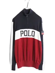 【お得なクーポン配布中!】 ポロ ラルフローレン ハーフジップ コットン ニット メンズ M 古着 ハイネック リブ編み セーター プルオーバー 星条旗 トリコカラー 薄手