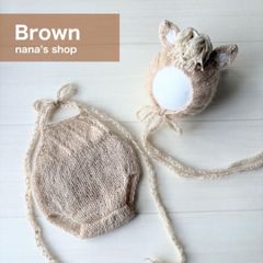 ブラウン♪馬帽子&編み込みロンパース♪ニューボーンフォト撮影衣装　午年月齢フォト