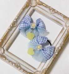 オーガンジー&ギンガムチェックリボン ハートシュガーチャーム ヘアゴム