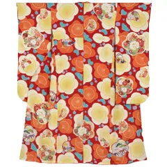 中古 振袖 成人式 リサイクル アウトレット 赤 オレンジ 梅 桜 菊 牡丹 松 藤の花 身丈171cm 裄69cm ＬＬサイズ 大きいサイズ No.i3-0667