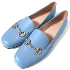 美品 GUCCI グッチ ホースビット レザー ローファー フラットシューズ 466702 37サイズ 約24cm ライトブルー×シルバー金具 レディース 古着 中古 USED