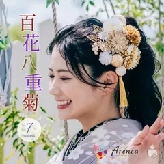 【Arenca】髪飾り 成人式 Uピン 15点セット フラワーポット入り インテリア パッケージ 選べる7色 「百花八重菊」 菊 キク 白 金 赤 黒 紫 オレンジ 振袖用 つまみ細工 成人式 卒業式 結婚式 着物 絹 日本製