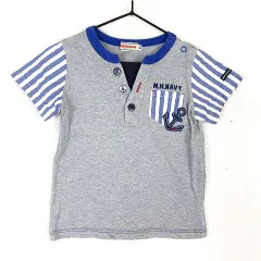 ミキハウス mikihouse Tシャツ ポケットT ヘンリーネック ロゴ 英字 マリン 刺繍 ボタン装飾 配色 ストライプ 切替 肩ボタン コットン 半袖 90 グレー マルチカラー 男の子 KIDS