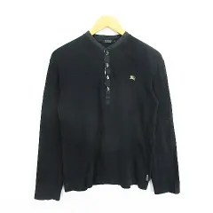 バーバリーブラックレーベル BURBERRY BLACK LABEL カットソー Tシャツ 長袖 ヘンリーネック バンドカラー 部分ノバチェック ロゴ 2 ブラック ※EKM