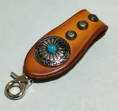 ベルトループ　アメカジ ターコイズ装飾　ライトブラウン　牛革　キーホルダー