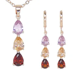 残り1点★3連 ピンク系 ドロップ ネックレス ＆ ピアス セット レディース キュービック ジルコニア ピンクゴールド ペンダント ジュエリー プレゼント