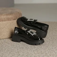 ☆ ブラック ☆ 36(23cm) ☆ ローファー pmyrfshoes02 ローファー レディース 厚底 革靴 厚底靴 ラウンドトゥ ヒール 5.5cm スリッポン 飾り付き スクエア バックル ラインストーン ビジュー おしゃれ 大人 かわいい デザイン