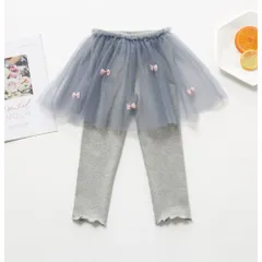 ☆ グレー ☆ 110cm ☆ リボンチュールスカッツ キッズ ボトムス スカッツ キッズ レギンス 女の子 チュールスカート レギンスパンツ スパッツ 10分丈 かわいい レース リボン 子供服 子ども服 おしゃれ オシャレ ボトムス ロングパンツ 可愛い