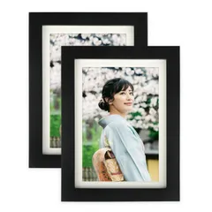 新品 フォトフレーム 2L 額縁 写真立て 木製 2枚セット 壁掛け 卓上 両用 マット紙付き プレゼント ブラック