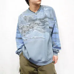USA VINTAGE DOUBLE SIDED WOLF PRINT DESIGN HENRY NECK SWEAT SHIRT/アメリカ古着両面オオカミプリントデザインヘンリーネックスウェット