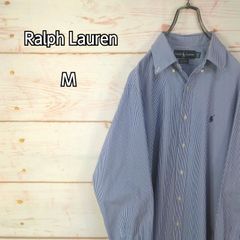 Ralph Lauren ラルフローレン カスタムフィット 長袖ボタンダウンシャツ ワンポイントロゴ 青ポニー刺繍 ブルー ストライプ メンズ Mサイズ相当