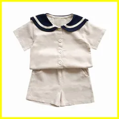 POBIDOBY ベビー服 子供服 セーラー服 Tシャツ＋ハーフパンツ 2点セット リネン 半袖前開き かわいい トップス 半ズボン 男の子 女の子 キッズ 普段着