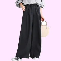 Size:2XL_Color:ブラック [エムエルーセ] ガウチョ パンツ ワイド ロングパンツ ロング丈 春夏 体型カバー レディース 大きい 春 ストレッチ xxl ユッタリ ビジネス カワイイ カッコイイ 部屋着 スリム マタニティ シンプル 着やせパン