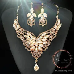 新 【ネックレス・ピアス】グラマラスフローラ ジュエリーセットスモーキーゴールド 高見え発表会演奏会カラオケ大会、発表会、ショー、オペラ