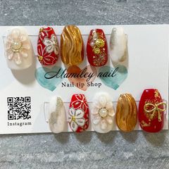 ネイルチップ  ぷっくりフラワー和柄  振袖　袴　卒業式
