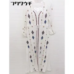 ◇ Bou Jeloud 総柄 刺繍 ウエストリボン Vネック 長袖 膝下丈 ワンピース サイズ38 ホワイト マルチ レディース 【1105110011683】