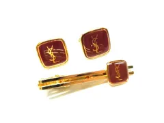 ■美品■ YVESSAINTLAURENT イヴサンローラン カフスボタン カフリンクス ネクタイピン  2点セット ゴールド系×ボルドー系 DJ0555