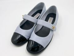 CHANEL シャネル レディース パンプス フラット シューズ 靴 Mary Janes メリージェーン ラムスキン パテントカーフスキン ライトグレー ブラック サイズ:38 24P G45280 B16031 NW016