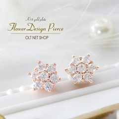 ピアス レディース フラワー 花 華 ジルコニア 18金 18kコーティング ピンクゴールド K18GP シンプル 小さめ 小ぶり スタッドピアス