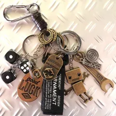 キーホルダー キーリング 本革巻き ステンレス カラビナ レトロ アメカジ ビンテージ 古着 ストリート ジャラジャラ ダイス GOOD LUCK イルカ 送料無料 ブラック / ブラック