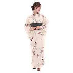 [KYOETSU] [キョウエツ] 浴衣セット 変わり織 生成り 6点セット(浴衣、兵児帯、肌着、下駄、腰紐×2) レディース E (2.葛に紅桔梗)のサムネイル