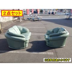 （中古）（一部地域送料無料）応接ソファ２点セット 本革張り ライトグリーン 本革ソファ ２人掛け １人掛け 応接室 ロビー 書斎 F-OA-743-1220A