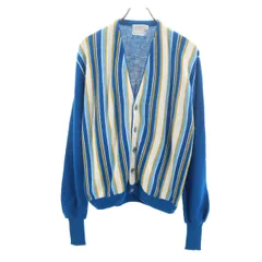 Lord Scot 80s ヴィンテージ ストライプ柄 長袖 Vネック ニットカーディガン L ブルー系 メンズ 古着