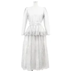 【ヴィンテージ】Christian Dior クリスチャンディオール ロングワンピース BOUTIQUE ブティック レース ＆ チュール コンビネーション ロングスリーブ 長袖 バックボタン ウール混 ドレス ベルト付属 レディース サイズ表記不明 銀系のサムネイル