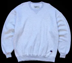 90s USA製 L.L.Bean×RUSSELLラッセル ボーダー 前V スウェット ホワイト×杢ライトグレー XL★ビンテージ アウトドア ロゴ ビッグサイズ
