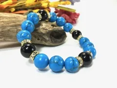 パワーストーン ブレスレット ターコイズ オニキス 12mm （ゴールド）メンズ・レディース 男性・女性 数珠ブレス 開運  [a]