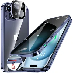 HGUTREY【覗き見防止・自動ポップアップボタン】 iPhone15 Plus 用 ケース 【ロック付き】【ストラップホール付き】一体型レンズ保護 両面9H強化ガラス iPhone15プラスケース 耐衝撃 アルミ バンパー メタルフレーム スマホケース  0