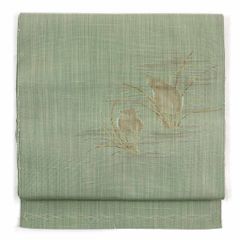 名古屋帯 幅30cm 長さ350cm レディース ひょうたん 秋冬春用 正絹（シルク）グリーン 美品 リメイク リユース リサイクル【呉服のきくや】