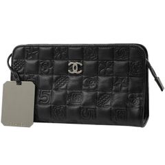 샤넬 CHANEL 아이콘 라인 파우치 코코 마크 카멜리아 No.5 화장 파우치 가죽 블랙 여성 [중고]