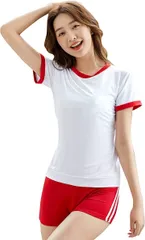 RONGUI 女子高生 体操服 コスプレ 短パン ブルマ 体操着 赤 紺 大きいサイズ ショートパンツ ライン入り( レッド,  XL)