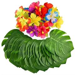 heizi ハイビスカス 造花 24個 モンステラリーフ 30枚セット ハワイ 装飾 パーティー 飾り 南国 バリ 葉 (造花 24個＋モンステラリーフ 30枚セット)