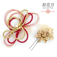 髪飾り 成人式 水引 赤 振袖 袴 花 2点セット ゴールド 組紐 パール ビーズ かすみそう トレンド コーム Ｕピン かんざし かわ No.12-0611
