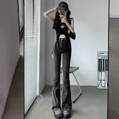 ☆ チャコール ☆ M(27) ☆ フレアパンツ レディース デニム フレアパンツ レディース デニム デニムパンツ ジーパン ジーンズ ベルボトム ストレッチ 伸縮性 ブーツカット ボタン ファスナー 薄手 ポケット カジュアル ナチュラル きれいめ