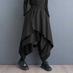 重ね着風 パンツ アシンメトリー スカンツ サルエルパンツ モード系 ダーク系　【KBT】