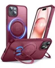 ★Anqrp iPhone 15 用 ケース 【MagSafe対応】【定点360° 回転スタンド】耐衝撃 耐久性 スマホケース 18N超強磁力 隠し収納 半透明 米軍MIL規格 ワイヤレス充電対応 滑り止め 縦横両対応 携帯カバー 6.1インチ ワインレッド