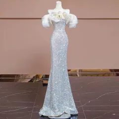 【新品 未使用輝くスパンコール魚尾イブニングドレス ウェディングドレス 2026新作高級感溢れるオフショルダー＆フリル長袖演奏会ドレス 花嫁 二次会 フォトウェディング向け 結婚式 披露宴 二次会 前撮り フォトウェディング 成人式 卒業式 入学式