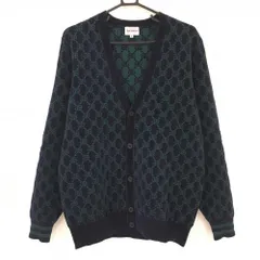 【超美品】ジャックバニー ニットカーディガン ネイビー×グリーン ロゴ総柄 ジャケット メンズ 5(L) ゴルフウェア Jack Bunny