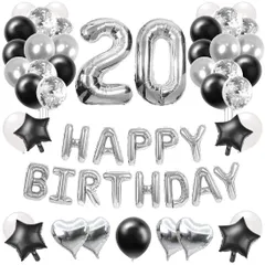 【特価セール】88枚 20歳 誕生日 飾り付け 風船セット 数字バルーン 組み合わせ 「HAPPY BIRTHDAY」ランド ハート風船 紙吹雪風船 ドットシール 装飾 パーティー お祝い サプライズ シルバー＆ブラック 男の子 女の子