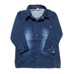 韓国子供服 ストライプデニムシャツチュニックワンピース ロングシャツ 長袖 スナップボタン キッズトップス ブルー