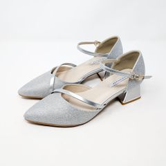 パンプス シルバー 結婚式 チャンキーヒール 22.5 23 23.5 24 24.5 ラメ グリッター アンクルストラップ ポインテッドトゥ レディース haremode 3424