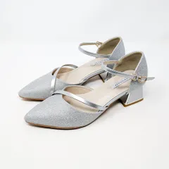 チャンキーヒールパンプス レディース シルバー 4.5cmヒール グリッター アンクルストラップ ポインテッドトゥ 安定感 結婚式 冠婚葬祭 オケージョン 3424のサムネイル