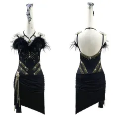 ラテンワンピースドレス　社交ダンス衣装 羽毛  ブラック オーダーメイド