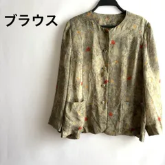 ヴィンテージ風古着緑グリーン長袖ブラウストップス総柄花柄ボタンレトロ