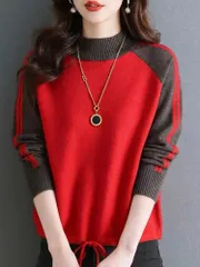 【レッド】レディース ニット セーター 配色ニット トップス 長袖 無地 おしゃれ 秋冬 大人かわいい 暖かい