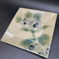 D261 角皿 紫陽花絵 在銘 陶器 陶芸 和食器 スクエア 三菱マーク スクエアプレート 角大皿 和食器 盛皿 陶器